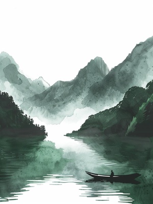 轻舟已过万重山，长路漫漫亦灿烂。咒语：Green mountains and rivers, small boat, ink, painting, annual rings, splashed, Chinese, Pointillism modernist Illustration, minimal,minimalism, quality, ar 3:4 #mj关键词 #Ai绘画 #AICG插画 #midjourney学习 #水墨画风格 #新中式国风 #场景插画