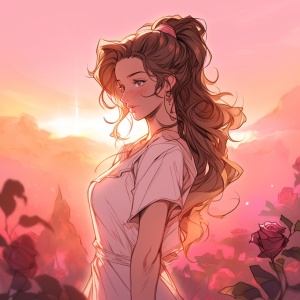 在玫瑰花园里散步，穿着一个，粉色的裙子，扎着一个马尾辫，头发乱，但不要太乱，夕阳，人物女孩