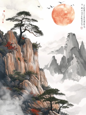毛毡画：中国风云山树，吉祥动物纹饰，可爱幸运云