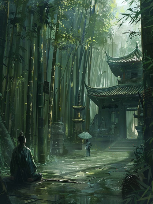一个人剑客与一个和尚在竹林中打坐修行边上有一座庭院一座古塔