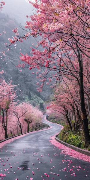 漫山遍野樱花开，在山间崎岖的小路旁，树上开满了樱花，地上落了樱花瓣，蜿蜒曲折的山路，把我们的视线带到了远方满山遍野的樱花，风景摄影，照片写实风格，广角镜头，大景深，淡雅色彩，超高清画质。