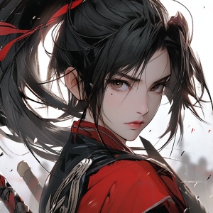 女剑客，红衣黑发，高马尾，特写上半身，正面像，英气逼人，背景是纯白色，国风，8k