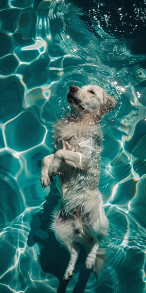 a dog (主体)floating in a body of water in the pool,Learback,clear and transparent water, light whiteandturquoise,y2k aesthetic,soft and dreamy colors,brightly colored， popular Instagram,high leveof detail,realistic photo feeling