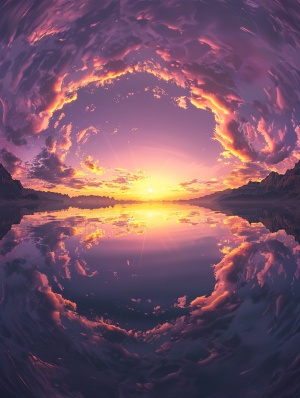 一张天空之镜的照片，在日落时分，反射出金色的阳光，水面平静如镜，远处是连绵不断的山脉，天空中飘着几朵薄云，呈现出淡紫淡粉的色彩，使用鱼眼镜头拍摄，超清，8K分辨率。