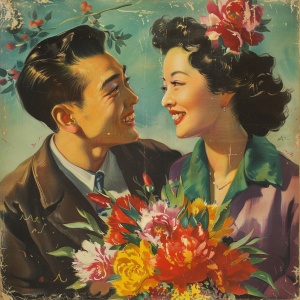 A young Chinese man holding a bouquet of flowers is asking a smiling young Asian woman if she can pretend to like him for April Fool’s Day. The woman replies that she cannot pretend, to which the man admits he genuinely likes her.