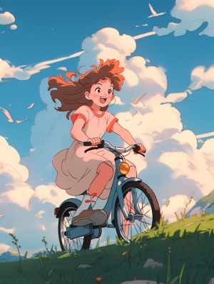 a cute girl on a bike with green grass and clouds in the background, in the style of charming anime characters, ghibli studio style, romanticized landscapes, adventure themed, less detail, cartoon ar 3:4niji 5
