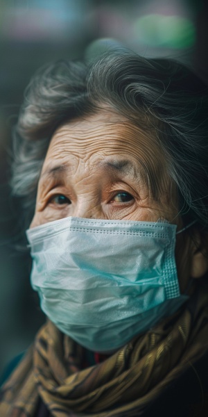 受到肺部感染，带着呼吸面罩的中国中老年女性照片，痛苦，令人震撼的，暗色调，真实照片，摄影，徕卡镜头，细节，复杂，景深，全身，远景。4K输出，画质高清,互补色，单纯背景