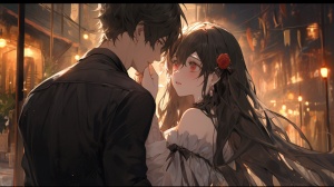 A boy's black hair, black eyes, (black shirt), messy hair, bangs, pure white skin, commercial street background, perfect lighting, oval face, white moonlight, (the boy holds a rose, confesses to the girl, and the girl mercilessly refuses) The girl has black hair, black eyes and a white dress, and she is a little fat and ugly, keeping her distance from the boy.