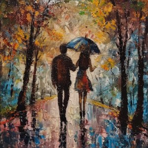 高品质，杰作，大师之作，双人，一男一女打着伞在雨中漫步
