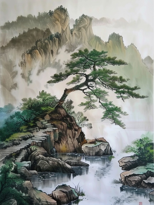 古人的诗意生活：松壑泛舟图！#山水画 #中国山水画 #传统山水画 #青绿山水画 #松壑泛舟图 #玄关画 #中国画 #国画 #字画收藏 #画画 #画画的日常 #只此青绿山水画作品 #诗中有画 #诗中有画画中有诗 #新中式玄关画 #手绘山水画 #中式玄关挂画春日赏《松壑泛舟图》：画中诗意：矫矫千岁姿，生此众石间。微厓度岩阿，殷殷起波澜。幽人一壶酒，日夕自怡颜。安得川上舟，与子相往还。魏老先生的这幅画构图严紧，视野开阔，该幅画作以淡墨勾勒皴擦，复施以赭石，树之表现亦颇具放逸之气。以平远之法勾画出江汀树使，细笔勾皱山石，再于岸石上勾出孤松之形态，犹如苍龙出柏，远景处峻拔危耸。在抒写画家的本意中，铺陈出用笔的点滴精华，使山川物色从逼真的实感中体现出一种洒脱的笔情墨意。以淡墨写远景，使全景具有高瞻远瞩之势。远山均以牛毛皴、解索皴层层擦染，再施以破点、攒点等笔法点苔，表现一种岚气浑厚的景象。