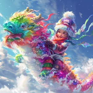 冰墩墩戴着可爱的龙头帽，骑着彩色的卡通龙，在蓝天白云下