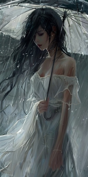 下雨天，一个撑着伞的女生，女生穿着白色连衣裙，女生有一头乌黑的长发，黑发