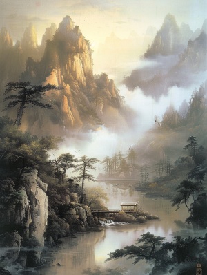 水墨山水AI绘制的中国山水画，笔触细腻，层次分明。淡墨和浓墨的巧妙运用，营造出云雾缭绕的景象；水面墨色的变化，生动地捕捉了流动的韵律；巧妙的构图，远近景深的层次，感让人仿佛置身其境；近处的树木和岩石，中间的连绵山峦，远处的云雾缭绕，每一处都细节丰富，和谐共融，让人的目光在画中自由游走，品味无穷。画面传达了一种，对自然景观的精准描绘和深情赞美，体现了山的坚毅与水的智慧，寓意深远。小舟和远方的亭子，似乎在诉说着人与自然的和谐相处，展现了一种理想的自然生活状态。 #ai绘画