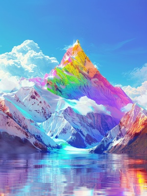 超现实艺术科技感风景关键词：Surrealism, rainbow rgb mountain, blue sky, White clouds, glass colors, bright background, 3D art, C4D, OC rendering, from behance, studio lighting, HD 8K翻译：超现实主义，彩虹rgb的高山，蓝天，白云，琉璃色彩，明亮的背景，3D艺术，C4D，OC渲染，来自behance，工作室照明，高清8K#ai #Ai绘画 #自然风光分享 #ai关键词 #海报设计 #风景 #高山 #山 #科技风 #艺术 #超现实 #设计 #海报