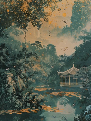 黄鹤西辞空余楼山无言，草憩，楼空关键词提示： Ancient Chinese garden architecture, poster composition, gold powder, gold paint, classical landscape painting, surrealism#视觉艺术 #中国风 #Ai绘画 #AIGC #Ai #壁纸 #配色 #配色分享 #意境 #诗词 #古风 #国风 #新中式 #东方美学 #数字艺术 #插画 #绘画日常 #海报设计