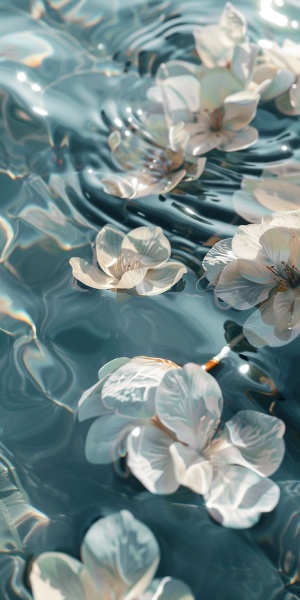 水中漂浮的花瓣，y2k美学，空灵的细节，快照美学，梦幻般的自然，浅白色，柔和的焦点v6