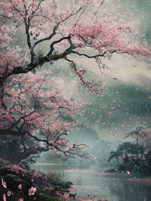 细雨洒落，樱花树枝上的春天
