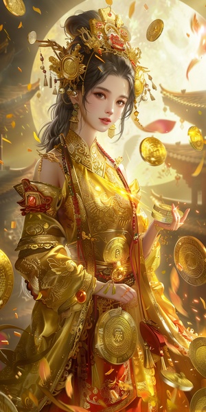 天上掉钱，好多好多金币，一个金衣中国古代美少女手捧金元宝，背景光芒万丈