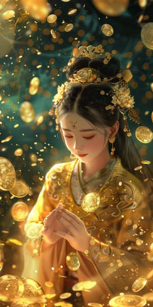 天上下金币雨，好多好多金币，广阔无垠的天地，一个金衣中国古代美少女是那么渺小，背景光芒万丈
