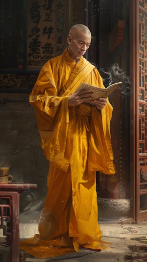 一位身穿黄袍的中国和尚站在寺庙里，手里拿着佛经，拍着全身照，和蔼可亲，眼神深邃