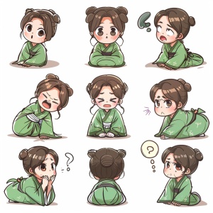 Little girl, green hanbok, classical and delicate, bust, chibi, 9 poses and expressions, emoticons [dizzyhappy, angry, crying, sad, cute, expectant, laughing, disappointed and shy, sleepy, eating, dizzyexpressing love, etc,l, line art, sticker art, white background niji 5 s 750 ar 1:1