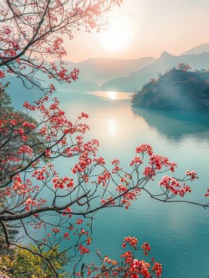 日出江花红胜火，春来江水绿如蓝，能不忆江南,干净背景,类似色,春天,全景,自然光