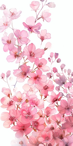 白底 粉色花卉丛 手绘插画 水彩