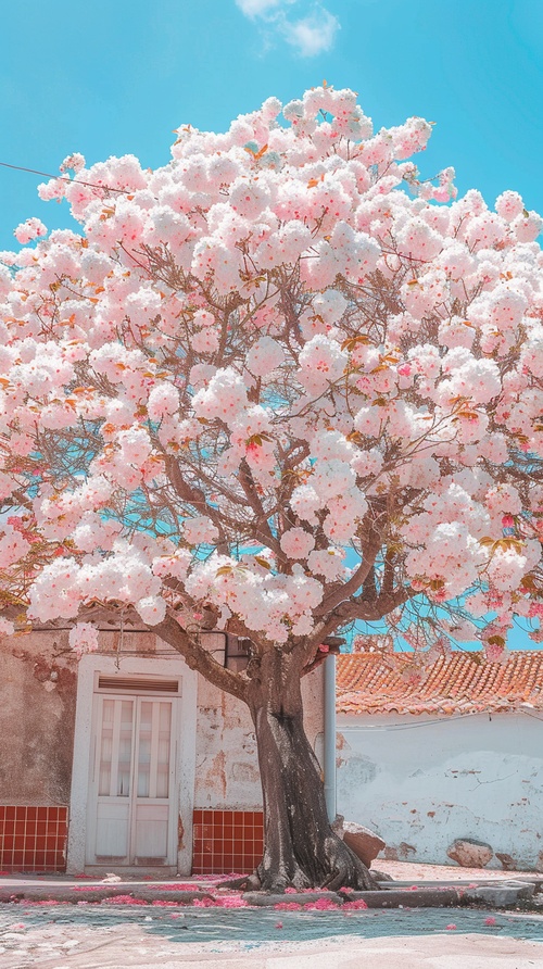 A large tree full of pink and white flowers, the leaves on it are like cotton candy, standing in front of an old building with red tiles, blue sky background, captured in the style of canon eos r5. ar 99:128