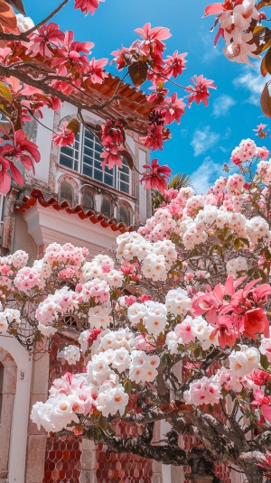 A large tree full of pink and white flowers, the leaves on it are like cotton candy, standing in front of an old building with red tiles, blue sky background, captured in the style of canon eos r5. ar 99:128
