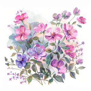 白底 粉紫色色花卉丛 手绘插画