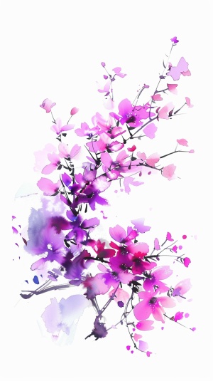 白底 粉紫色花卉丛 手绘插画
