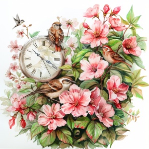 白底 粉色花卉丛 钟表 鸟 手绘插画
