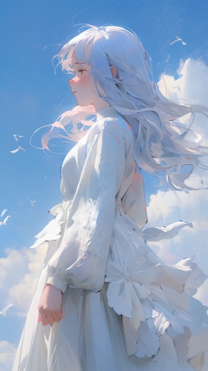 晴朗的蓝天白云下，一位身席白色上衣蓝色裙摆jk的少女，散着一头蓝色长发