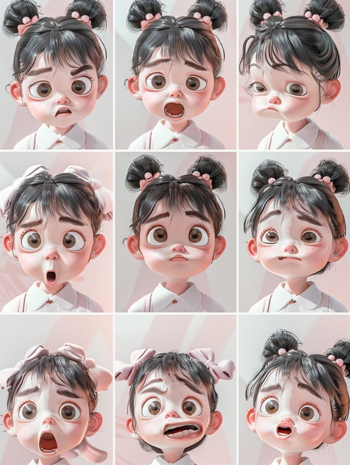 A lovely little girl, screenshot, mori kei, duckcore plush doll art, exaggerated poses, happy, angry, sad, cry, cute, expecting, laughing, disappointed, exaggerated movements, various expressions and movements, sticker art design, white background, style cute ar 3:4 niji 5s 250