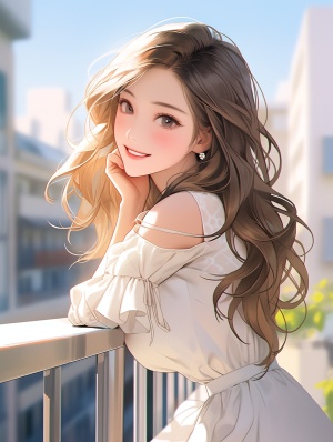 Summer, super cute girl, happy smile. brown hair, big eyes, sky blue balcony in the background, sunny day, natural light, IP, Pok é mon, full body portrait. super Detailed, Ultra-HD ar 3:4