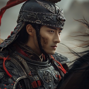 一个张的像杨洋的脸部轮廓分明的中国古代年轻帅气将军，骑马出征沙场，夜色昏暗，真人