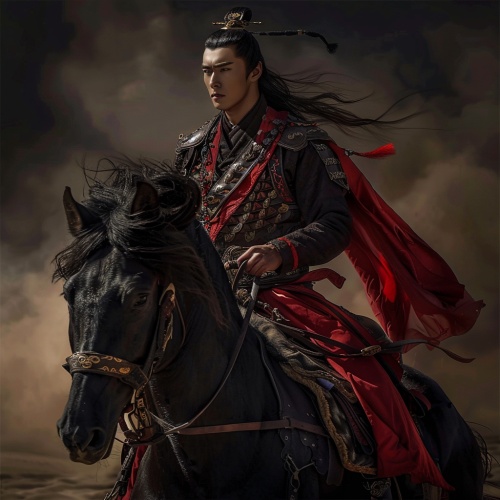 一个张的像杨洋的脸部轮廓分明的中国古代年轻帅气将军，骑马出征沙场，夜色昏暗，真人