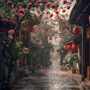 爬满蔷薇花的古城，晨光，
