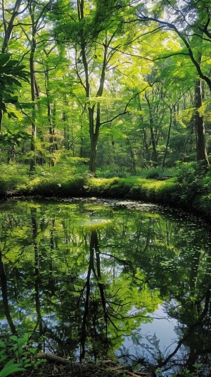 这张照片捕捉到了森林中宁静的场景，一个清澈的池塘倒映着树木和灌木丛。这张照片采用了很好的角度，将视角抬高，使池塘成为前景中的主要焦点。树木和灌木丛作为填充物放置在池塘的周围，为图像提供了深度和透视感。照明和色彩组合是令人愉悦的，白色和绿色的色调给人一种宁静和自然的感觉。这张照片没有使用任何滤镜或过度曝光来增强颜色或对比度。这是一张由自然美景构成的简单但美丽的图像，没有任何多余的元素或后期处理。图像中的颜色和纹理都很和谐，有助于传达森林的宁静和和平的氛围。整体构图和焦点清晰，使观众的注意力集中在池塘和周围的自然环境上。