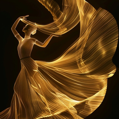 oman in golden dress moves dancer's wings, in quantum wave trace, animated gif style, Chinese calligraphy effect, swirls, ornate, intricate lines, glass sculpture