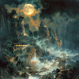 一轮明月照亮中国，白水泉边日月昇明，山石岩旁木公劲松