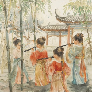 Boys with bamboo flutes and girls with sanxian strings, dressed in traditional Chinese costumes, performing in an ancient Chinese garden