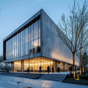 In the subtle twilight light, a modern building stands elegantly on a quiet street. It is a meticulously constructed work of art made of glass and concrete, with sophistication and modernity revealed in every corner. Thebranches of the trees sway gently, casting soft shadows on the glass surface of the building. People walk into the building and are drawn to the warm, bright lights inside. It is a place that blends natural and artificial beauty, full of harmony and calm.