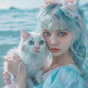 一个以浅蓝色为主题的女孩子.比较可爱.有婴儿肌.大大的眼睛.长睫毛.身穿浅蓝色与浅粉色相结合的裙子.怀里抱着一只布偶猫.坐在清澈见底的海边.