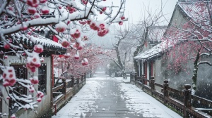 江南水乡，梅花香自苦寒来。青石街道飘雪纷飞，