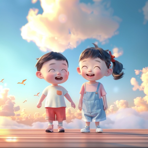 卡通画，一个微笑可爱的亚裔卡通小女孩和男孩，微微抬起头望向天空，在等风来，大面积留白，人物在画面右下角，人物比例占画面0.333