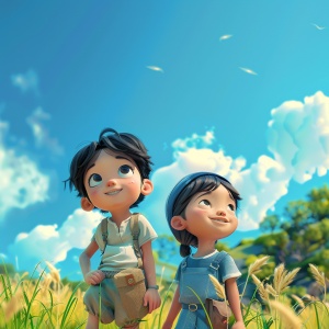 卡通画，一个微笑可爱的亚裔卡通小女孩和男孩，微微抬起头望向天空，在等风来，大面积留白，人物在画面右下角，人物比例占画面0.333
