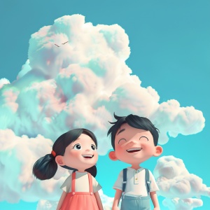 微笑可爱的亚裔卡通小女孩和男孩等待风来