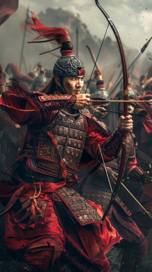 一群身着红色盔甲的男子，在战场上手持剑和射箭弓，以中国古代服装的风格，全身肖像，真实的照片，电影般的灯光效果，高清的细节，具有中国古代艺术的风格。