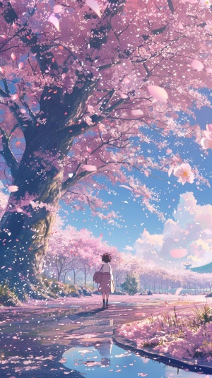 Miyazaki Hayao animation style, ten miles of cherry blossoms in full bloom, fantasy, sparkling